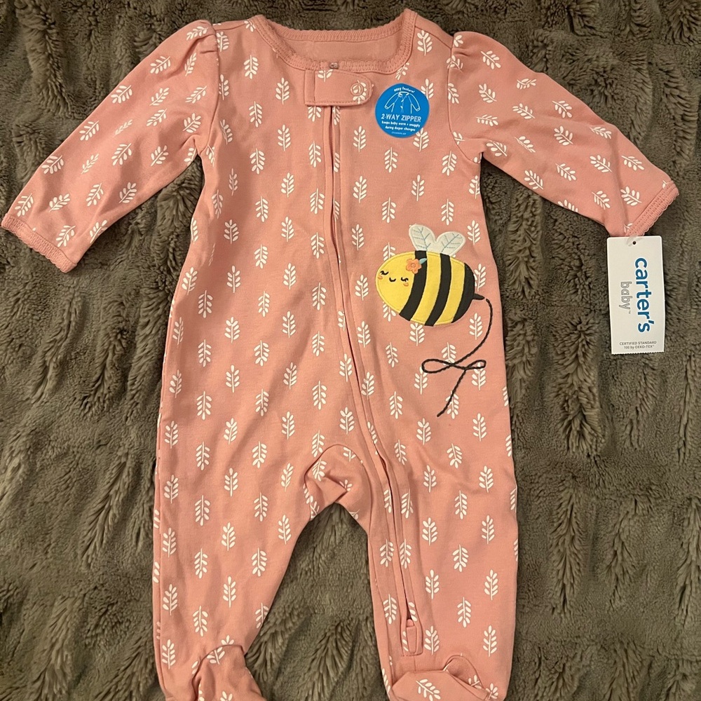 Carter's Pink Footie with Bee and Leaf Pattern